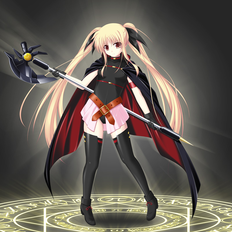 amicis bardiche blonde_hair cape fate_testarossa long_hair lyrical_nanoha magic_circle mahou_shoujo_lyrical_nanoha red_eyes solo thighhighs twintails