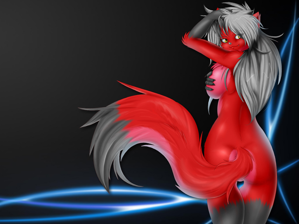 1024x768 4:3 amber_eyes back breasts canine covering_self fang female fox grey_hair hair knifeh long_grey_hair long_hair looking_back looking_over_shoulder red side_boob solo standing tail wallpaper