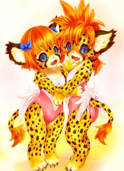 blue_eyes blush bow butt cat cheetah claws clothing cub face_markings fang feline female looking_at_viewer orange_hair ponytail pose siblings skimpy spots standing tail tetetor-oort whiskers 田代憂