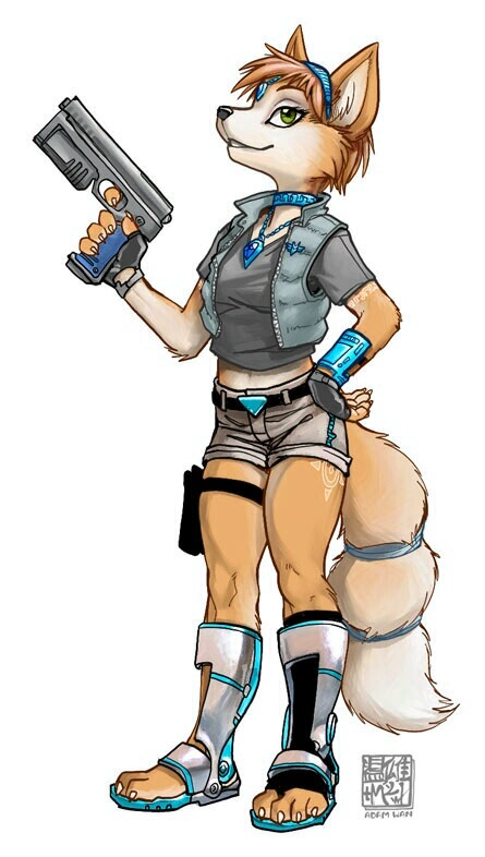 adam_wan canine female fox gun krystal pistol recolor shorts solo star_fox starfox_armada video_games weapon