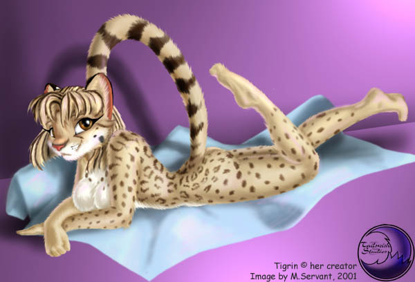 2001 breasts brown_eyes butt feline female hair leopard looking_at_viewer nude on_front raised_tail short_hair solo sonique spots striped_tail stripes tail tan