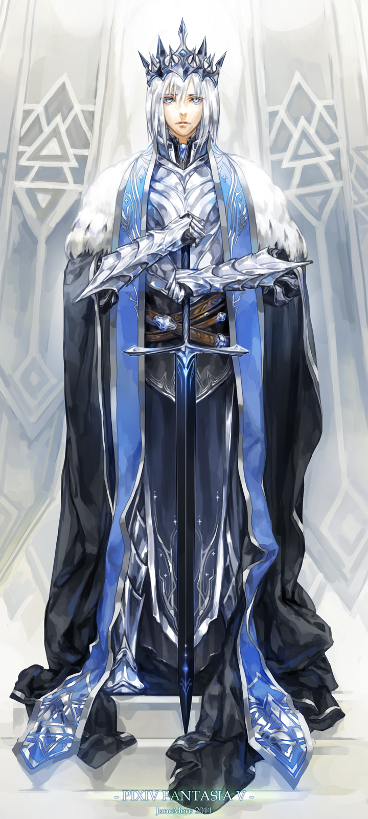 2011 crown gauntlets highres jane_mere male_focus pixiv_fantasia pixiv_fantasia_5 silver_hair solo standing sword weapon white_eyes