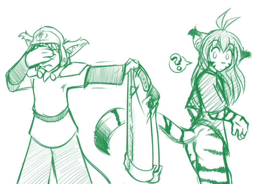 ? anthro basitin blush bottomless brown_hair butt clothing confused covering_eyes disgust duo feline female flora_(twokinds) green green_and_white green_and_white_theme hair helmet keidran keith_(twokinds) keith_keiser long_brown_hair long_hair male mammal monochrome open_mouth pantless pants plain_background shock shocked sketch stripes surprise tail tiger tom_fischbach twokinds webcomic white_background