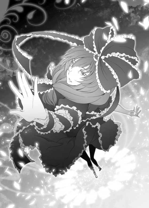 bad_id bad_pixiv_id bow danmaku dress foreshortening frills from_behind front_ponytail greyscale hair_bow hands kagiyama_hina looking_back monochrome outstretched_arms ribbon solo spread_arms torizousui touhou