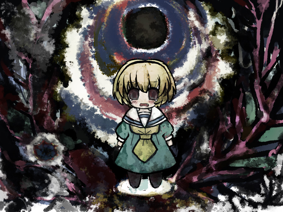 abstract blonde_hair broiler chibi dark dress female hairband higurashi_no_naku_koro_ni houjou_satoko loli open_mouth red_eyes sad short_hair solo standing surreal tears