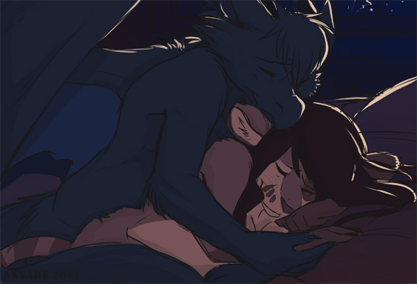 anyare_(character) avian bed comfort cougar couple cuddling cute feline female gryphon larkstarr love male mammal night sleepy snuggle straight