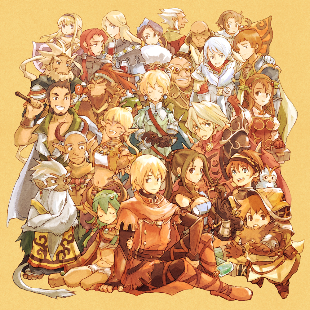 6+girls aht annotated bald beard bergas blonde_hair boots brown_hair dias_(radiant_historia) eruca everyone facial_hair fennel gafka galva garland_(radiant_historia) green_hair hat heiss hugo_(radiant_historia) kiel knight liese lippti marco_(radiant_historia) midriff multiple_boys multiple_girls navel pointy_ears ponytail protea radiant_historia raul_(radiant_historia) raynie rosch satyr selvan simple_background sonja stocke sword tail teo tommy0117 vanoss viola_(radiant_historia) weapon white_hair