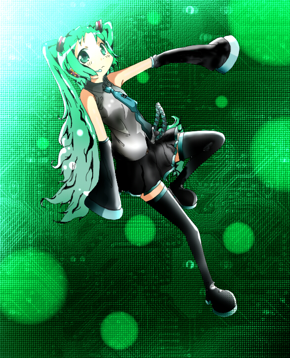 1girl aqua_eyes blush detached_sleeve female full_body gradient gradient_background hatsune_miku headset long_hair necktie skirt solo twintails very_long_hair vocaloid