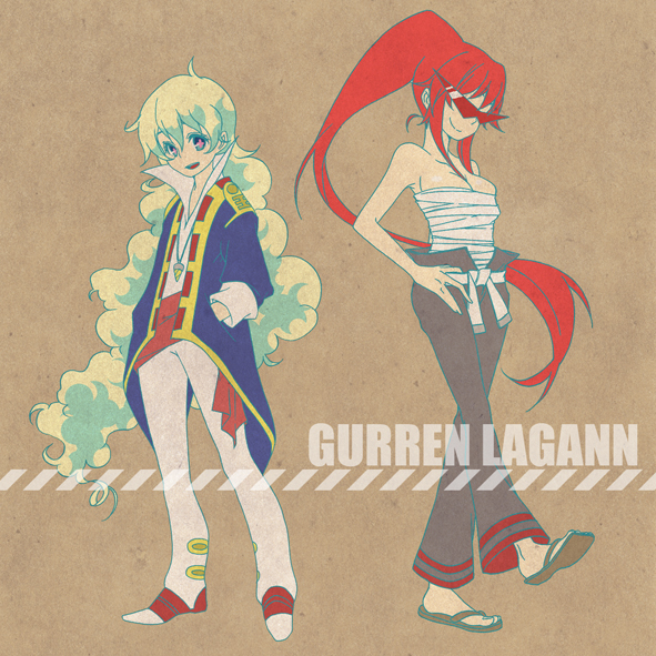 bad_id bad_pixiv_id bandages cosplay hands_in_pockets jacket kamina kamina_(cosplay) kamina_shades koda_satoshi multicolored_hair multiple_girls nia_teppelin ponytail red_hair sandals simon simon_(cosplay) tengen_toppa_gurren_lagann two-tone_hair yoko_littner