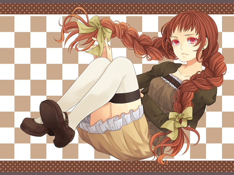 bow braid dress earring earrings frown hair_bow jacket jewelry long_hair mary_janes original red_eyes red_hair shoes sitting solo thighhighs twin_braid twin_braids umecha white_legwear white_thighhighs