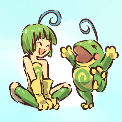 &gt;_&lt; :d ^_^ ahoge bare_shoulders blue_hair blush_stickers boots closed_eyes gen_2_pokemon gloves green_hair hitec moemon multicolored_hair open_mouth pokemon pokemon_(creature) politoed sitting smile two-tone_hair xd