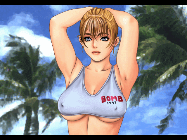 :d animated animated_gif aprel_o'gin armpits arms_behind_head arms_up bangs blonde_hair blue_eyes bouncing_breasts breasts cleavage clothes_writing cloud covered_nipples crop_top day english game_cg gif_artifacts grin hair_between_eyes large_breasts letterboxed lips lipstick looking_at_viewer makeup midriff naughty_face nipples no_bra open_mouth outdoors photo_background pose public_nudity shirt_lift short_hair sky smile solo taisen_hot_gimmick tank_top tsukasa_jun underboob undressing upper_body