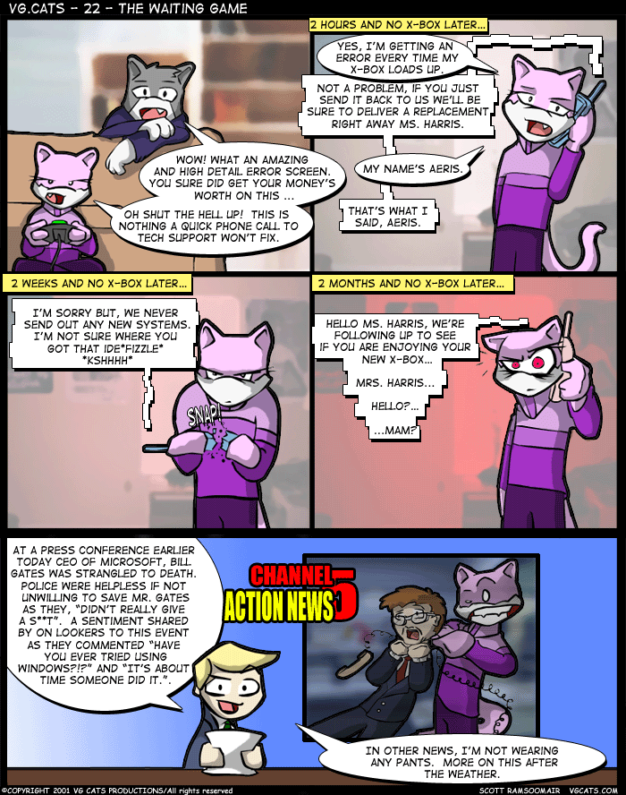 2001 aeris_(vg_cats) anthro bill_gates cat comic leo_(vg_cats) scott_ramsoomair strangle tech_support technical_difficulties vgcats xbox