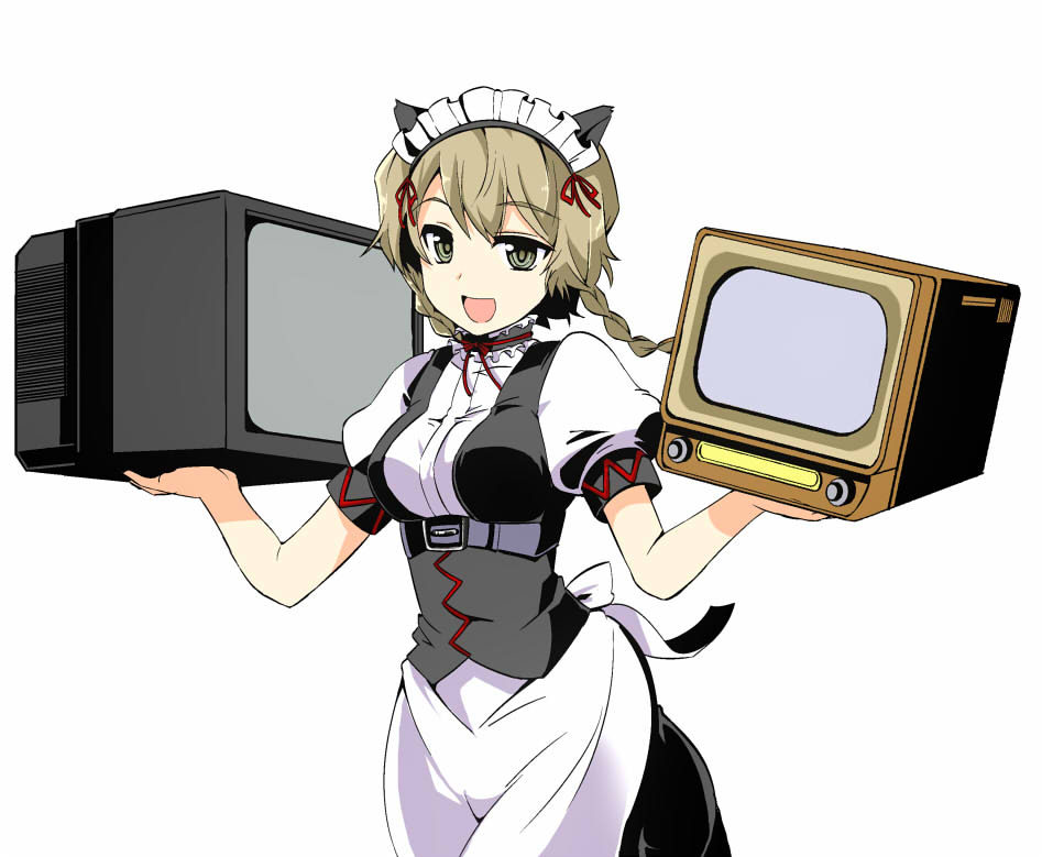 akiha_rumiho akiha_rumiho_(cosplay) amane_suzuha animal_ears braid brown_eyes brown_hair carrying cat_ears cosplay long_hair maid maid_headdress oda_masaru open_mouth ribbon solo steins;gate television twin_braids