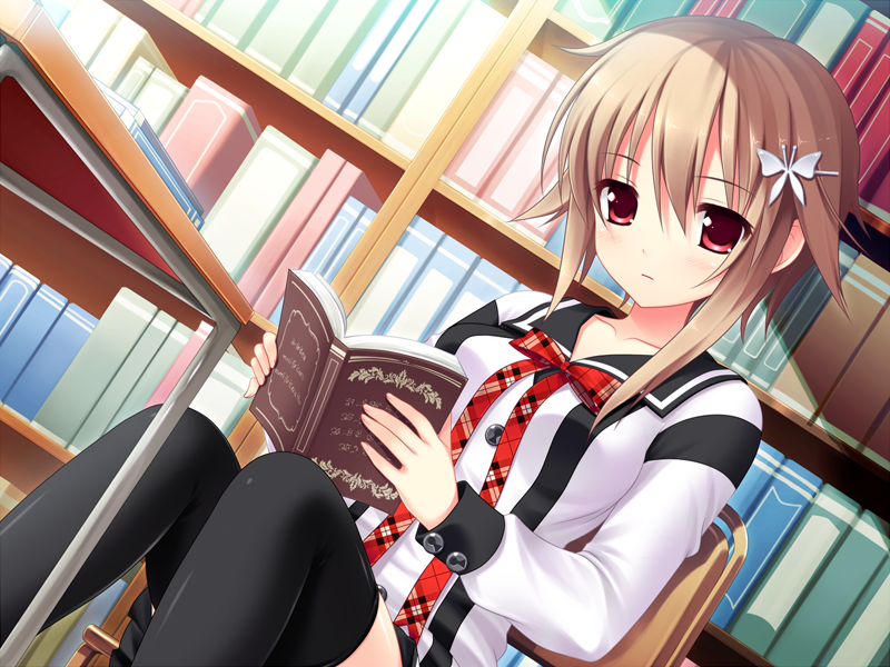 1girl book brown_hair game_cg hair_ornament hairclip holding holding_book kamishima_kaede makita_maki mecha_con! red_eyes school_uniform seifuku serafuku short_hair sitting skirt thighhighs