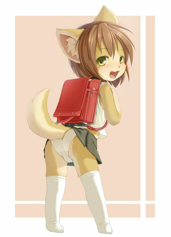 back backpack blush brown_hair butt camel_toe canine cat cub dog fang feline female hair ka looking_at_viewer over_shoulder panties pantyhose pose schoolbag schoolgirl short_hair socks solo standing tail underwear upskirt