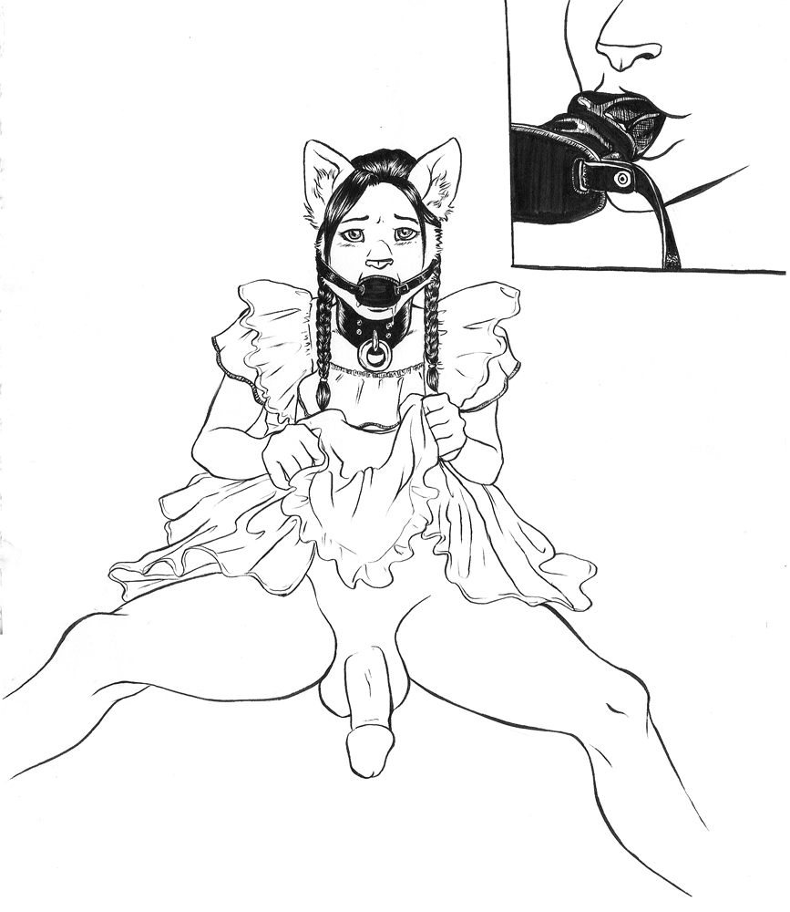 blush bottomless cat cock_gag collar crossdressing dogslug dress embarrassed feline humiliation male pigtails sissification sissy solo