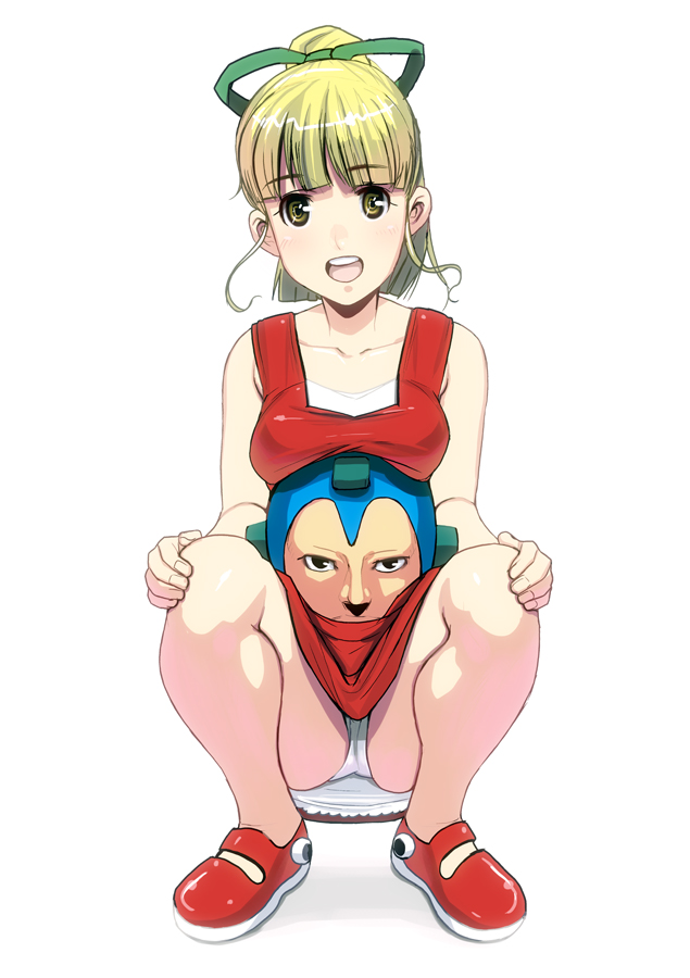 :d bad_id bad_pixiv_id blonde_hair breast_rest breasts dress full_body hair_ribbon hands_on_own_knees head mary_janes masao medium_breasts open_mouth panties pantyshot pantyshot_(squatting) red_skirt ribbon rockman rockman_(classic) roll shoes simple_background skirt smile solo squatting underwear upskirt white_panties yellow_eyes