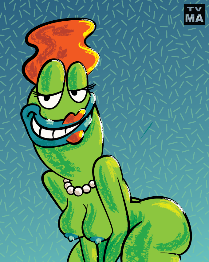 amphibian beverly_bighead breasts butt cool_colors female frog green_body hair looking_at_viewer milf mother nude orange_hair parent rocko's_modern_life rocko's_modern_life smile solo tvma wife