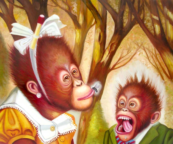chimpanzee female fly forest going_bananas kissing male match orangutan tree trees unknown_artist wood woods