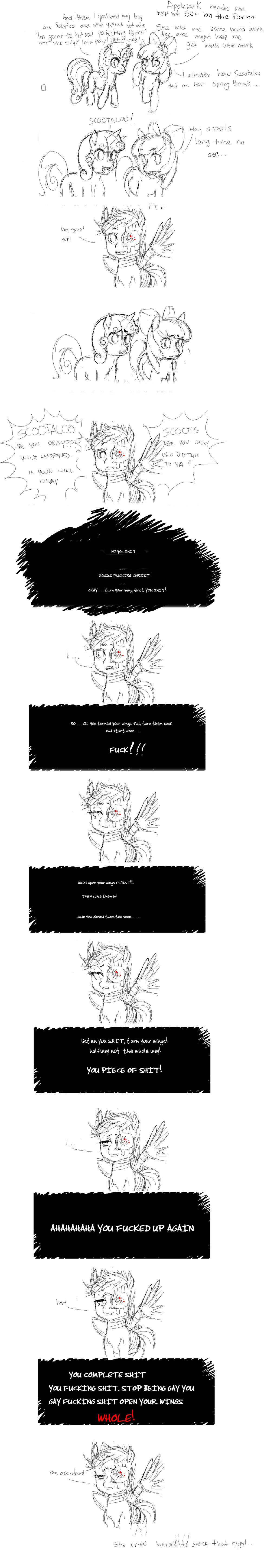 apple_bloom_(mlp) applebloom_(mlp) black_and_white child comic cub cutie_mark_crusaders_(mlp) dialog english_text equine female feral flashback friendship_is_magic grimdark group hi_res horn horse mammal monochrome my_little_pony ottanta pegasus plain_background pony rainbow_dash_(mlp) scootabuse scootaloo_(mlp) sketch sweetie_belle_(mlp) text trio unicorn violence white_background wings young
