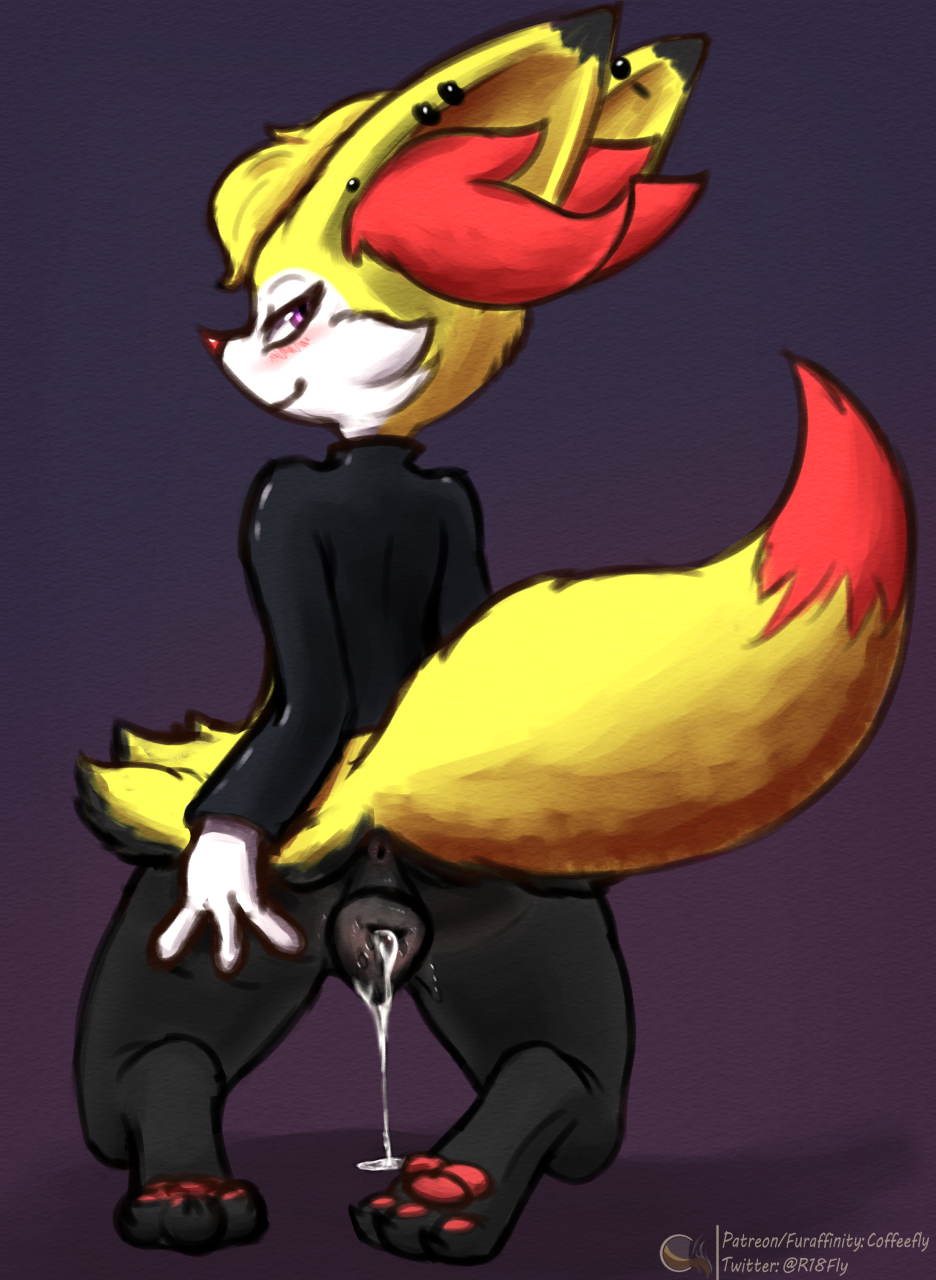 animal_genitalia animal_pussy blush braixen canine_pussy clothing coffeefly cum cum_in_pussy cum_inside female jacket kneeling leather leather_jacket looking_at_viewer looking_back nintendo pok&eacute;mon pok&eacute;mon_(species) purple_eyes pussy pussy_juice simple_background smile solo spreading te video_games