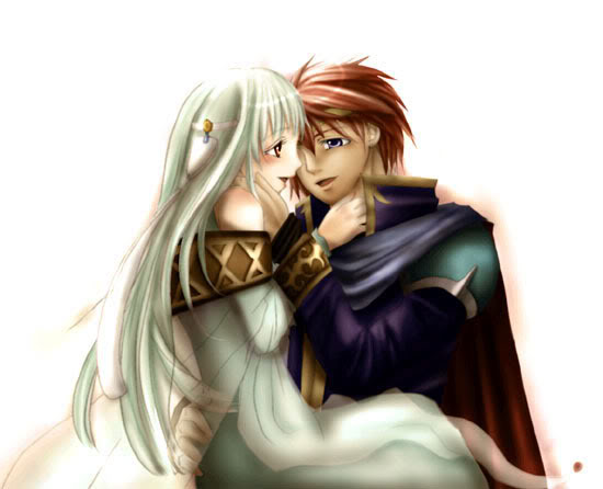 aqua_hair bare_shoulders blue_eyes blush cape carrying couple dress eliwood eye_contact fire_emblem fire_emblem:_rekka_no_ken fire_emblem_blazing_sword hair_ornament hand_on_another's_face hand_on_face happy hug incipient_kiss long_hair long_sleeves looking_at_another love ninian open_mouth princess_carry red_eyes red_hair short_hair sitting smile tiara white_hair