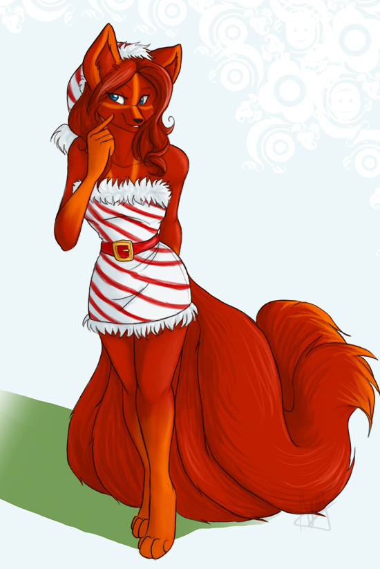 candycane_outfit canine female fox kissing kitsune molly_fullin multiple_tails red_hair solo tail tatious xmas