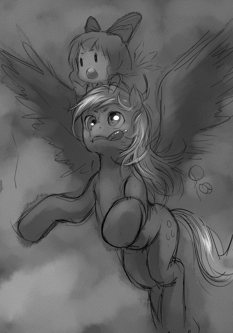 :o :q bow chibi cirno cloud cross_eyed crossover derpy_hooves flying greyscale hair_bow horse monochrome my_little_pony my_little_pony_friendship_is_magic o_o on_head open_mouth ottanta outdoors pegasus person_on_head riding saliva short_hair sketch sky tongue tongue_out touhou wings