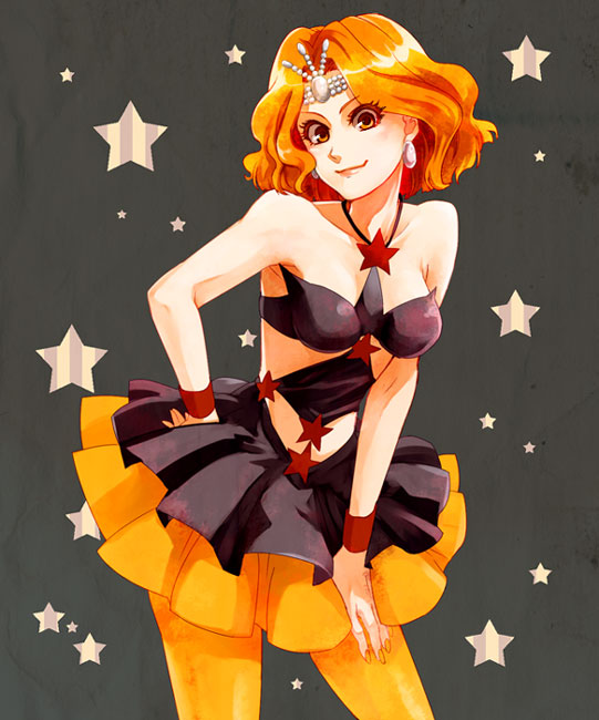 bad_id bad_pixiv_id bangs bare_arms bishoujo_senshi_sailor_moon brown_eyes earrings grey_background hand_on_hip jewelry marii midriff mimete_(sailor_moon) orange_hair orange_legwear orange_skirt pantyhose parted_bangs short_hair simple_background skirt smile solo star tiara witches_5 wrist_cuffs