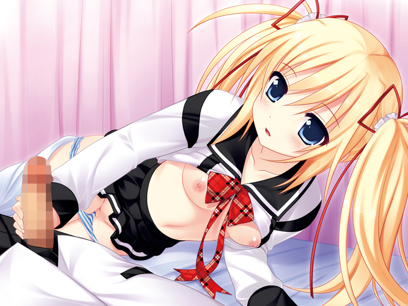 1boy 1girl blonde_hair blue_eyes blush breasts censored game_cg handjob indoors mecha_con! nipples panties penis pussy ribbon ribbons sailor_shirt school_uniform shirt skirt twintails underwear