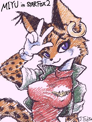 breasts feline female j_fujita lynx miyu purple_eyes solo star_fox text video_games