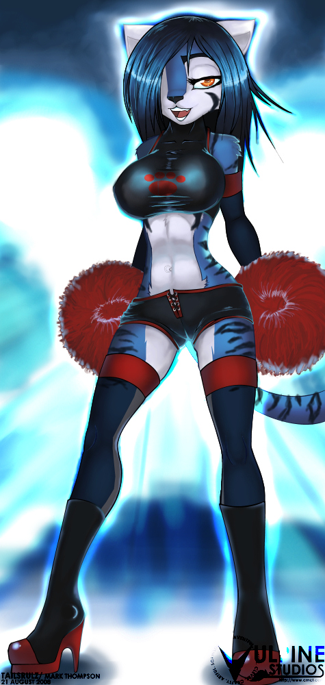 2008 big_breasts blue blue_hair boy_shorts breasts cat cheerleader countershading face_markings feline female hair high_heels long_blue_hair long_hair looking_at_viewer markings midriff orange_eyes pom-pom solo standing stripes tail tailsrulz tight_clothing underwear