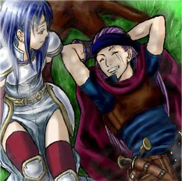 armor arms_behind_head blue_eyes blue_hair cape cloak couple elbow_gloves eyes_closed fire_emblem fire_emblem:_rekka_no_ken fire_emblem_blazing_sword gloves grass hand_behind_head hands_behind_head happy headband isadora knife knight legault long_hair lying on_back purple_hair scar single_glove sitting smile sunlight thighhighs tree weapon