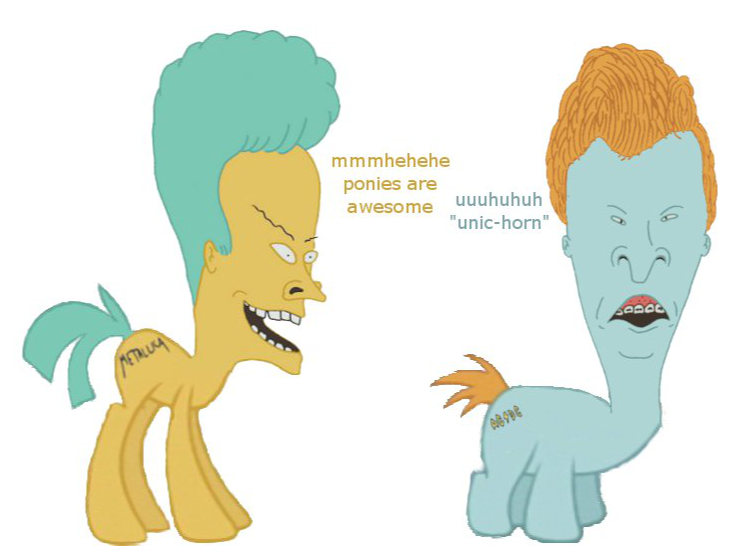 beavis_and_butthead beedy_eyes black_eyes braces butthead crossover equine green_hair hair horse male mammal my_little_pony nothing_is_sacred orange_hair plain_background ponification pony unknown_artist what what_has_science_done white_background