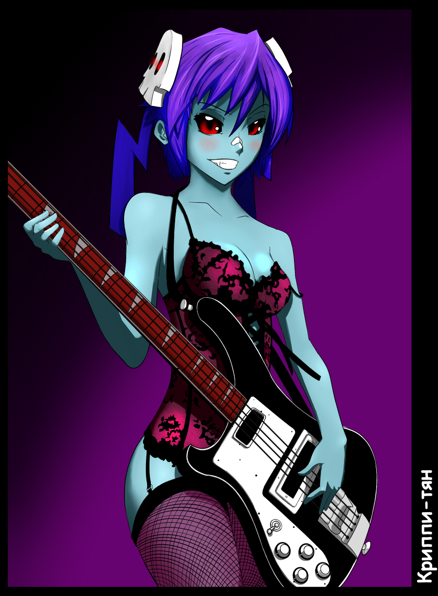 bare_shoulders corset creepy-tan guitar highres instrument legwear purple_hair red_eyes rickenbacker ru-chans russian skull stockings thighhighs