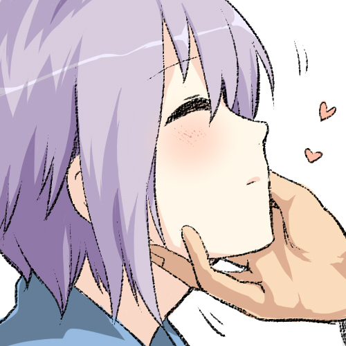 a-ka blush chin_grab closed_eyes lowres nagato_yuki purple_hair short_hair solo_focus suzumiya_haruhi_no_yuuutsu