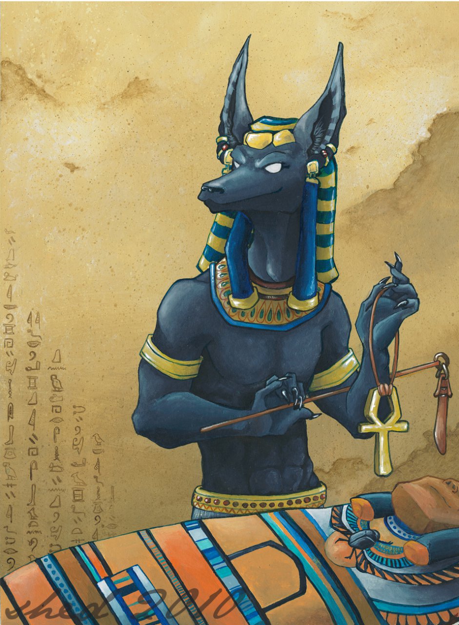ankh anubian_jackal anubis armband armbands canine deity ear_piercing egyptian flail headdress hieroglyphics hieroglyphs indridcold jackal male mammal piercing sarcophagus solo
