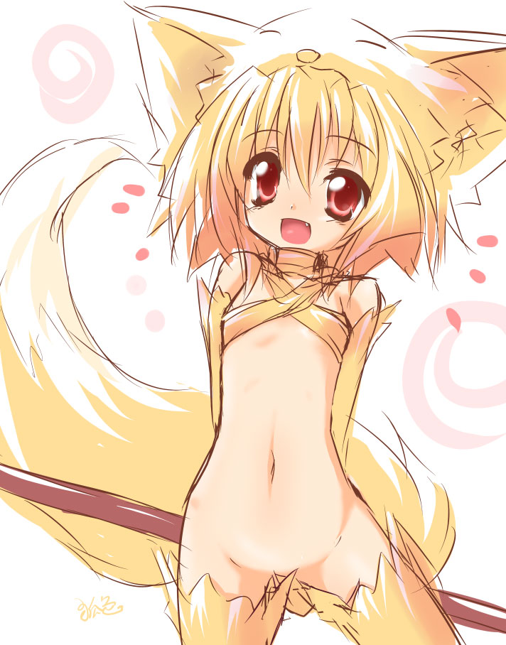 animal_ears blonde_hair canine fang female fox gloves hair hat hentai kemonomimi kitsunemimi looking_at_viewer moonlight_flower ragnarok_online red_eyes short_hair soft solo standing tail thigh_highs unknown_artist