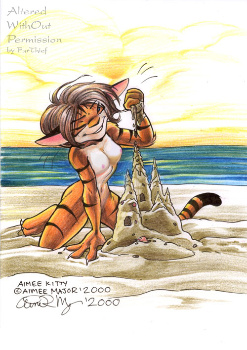 2000 aimee aimee_major beach feline female fur_thief nude sand_castle seaside shopped solo tiger