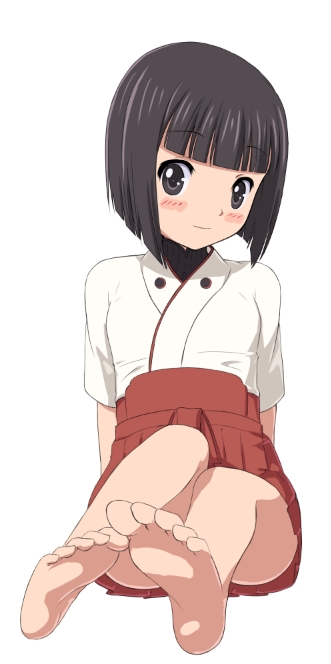 bad_id bad_pixiv_id bangs barefoot black_eyes black_hair blunt_bangs blush_stickers bob_cut boko_(maniacpurple) feet foreshortening full_body inagaki_mami japanese_clothes military military_uniform perspective pov_feet short_hair simple_background sitting smile soles solo toes uniform world_witches_series