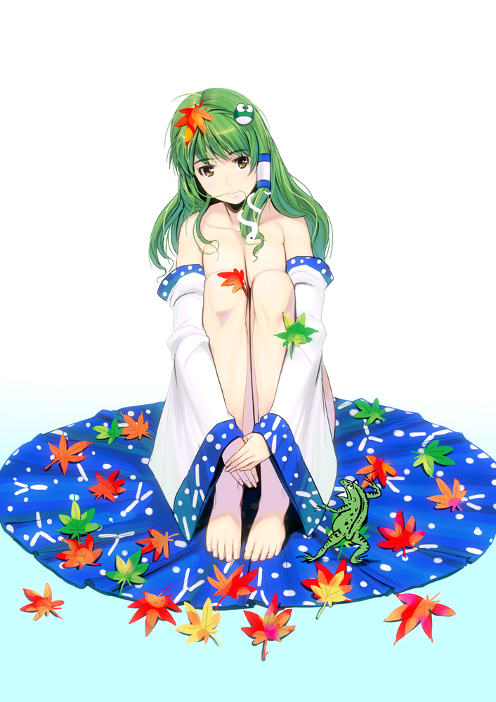 bad_id bad_pixiv_id barefoot breasts cleavage detached_sleeves feet frog full_body green_hair hair_in_mouth hair_ornament hair_tubes kochiya_sanae leaf leg_hug long_hair masao medium_breasts nude sitting snake solo touhou yellow_eyes