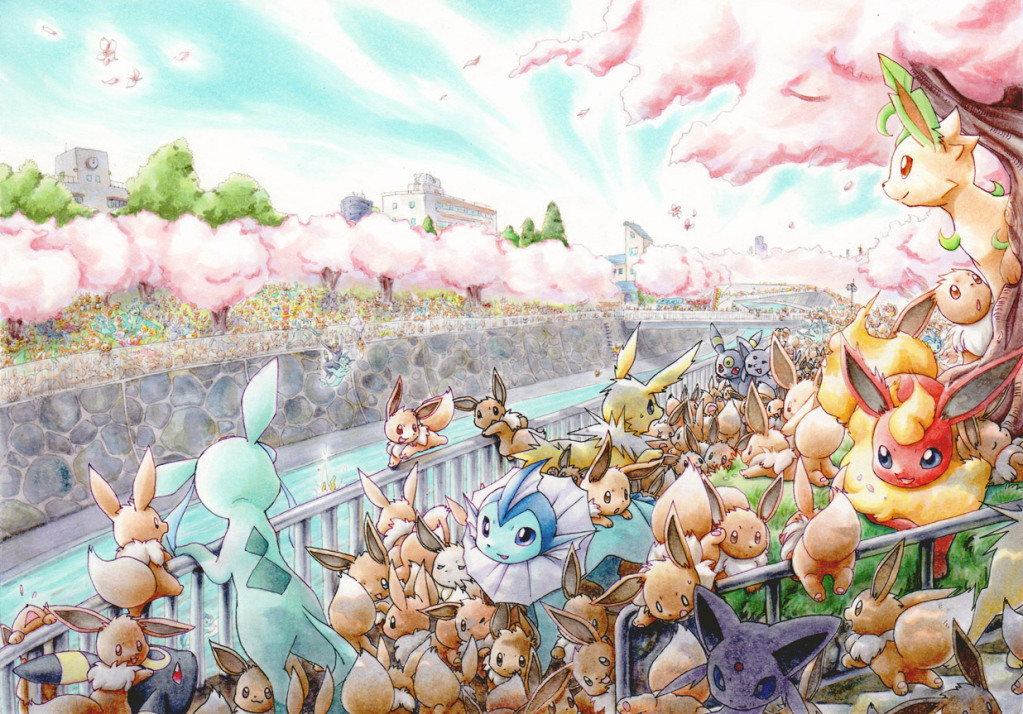 all_fours blue_eyes brown_eyes city cub cute eevee eeveelutions espeon everyone flareon glaceon invasion jolteon leafeon pok&eacute;mon red_eyes river so_much_furries tail too_many_pokemons umbreon vaporeon wataame