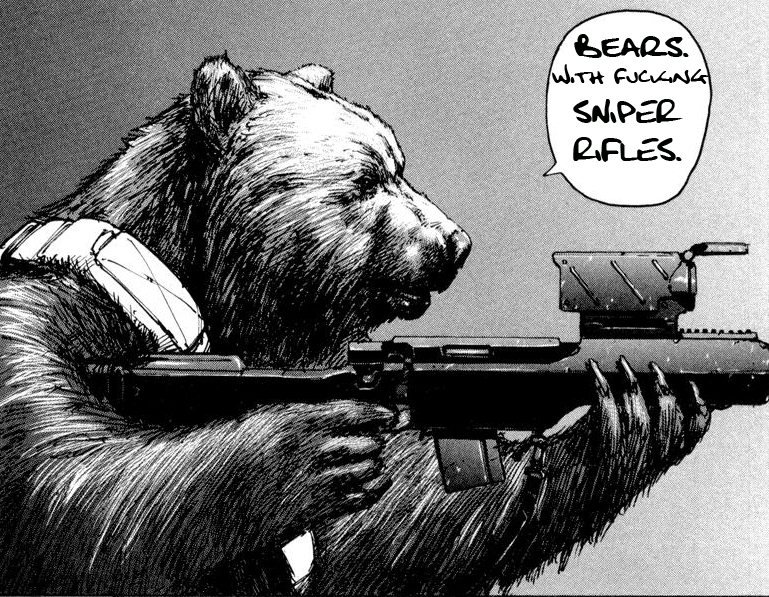 awesome bear black_and_white english_text gun lol monochrome nihei_tsutomu solo weapon