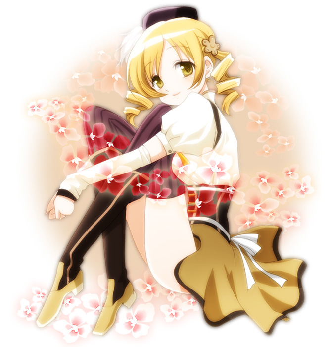 beret blonde_hair boots drill_hair fingerless_gloves gloves hair_ornament hat leg_hug light_smile magical_girl mahou_shoujo_madoka_magica puffy_sleeves sinko sitting sleeves_past_wrists smile solo thighhighs thighs tomoe_mami yellow_eyes