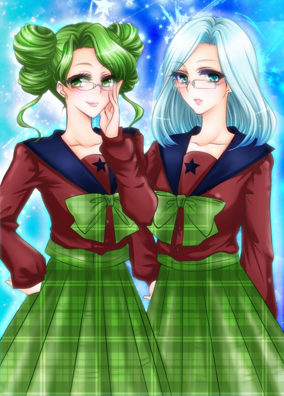 aqua_eyes bangs bishoujo_senshi_sailor_moon blush bow glasses green_eyes green_hair hair_bun hand_on_hip kiraki mugen_gakuen_school_uniform multiple_girls parted_bangs plaid plaid_skirt ribbon school_uniform short_hair skirt star tellu_(sailor_moon) tongue viluy_(sailor_moon) white_hair witches_5