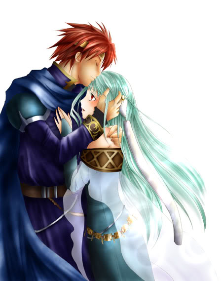 aqua_hair belt blush bridal_gauntlets cape couple detached_sleeves dress eliwood eyes_closed fire_emblem fire_emblem:_rekka_no_ken fire_emblem_blazing_sword forehead_kiss hair_ornament happy hug kiss long_hair long_sleeves love ninian open_mouth red_eyes red_hair short_hair shy smile tiara