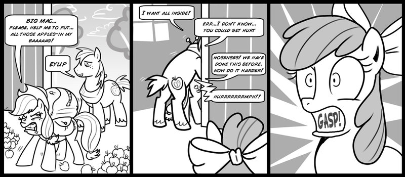 apple apple_bloom_(mlp) applejack_(mlp) big_macintosh_(mlp) comic cub english_text equine female feral friendship_is_magic fruit gasp greyscale horse innuendo madmax mammal mlp monochrome my_little_pony pony text young
