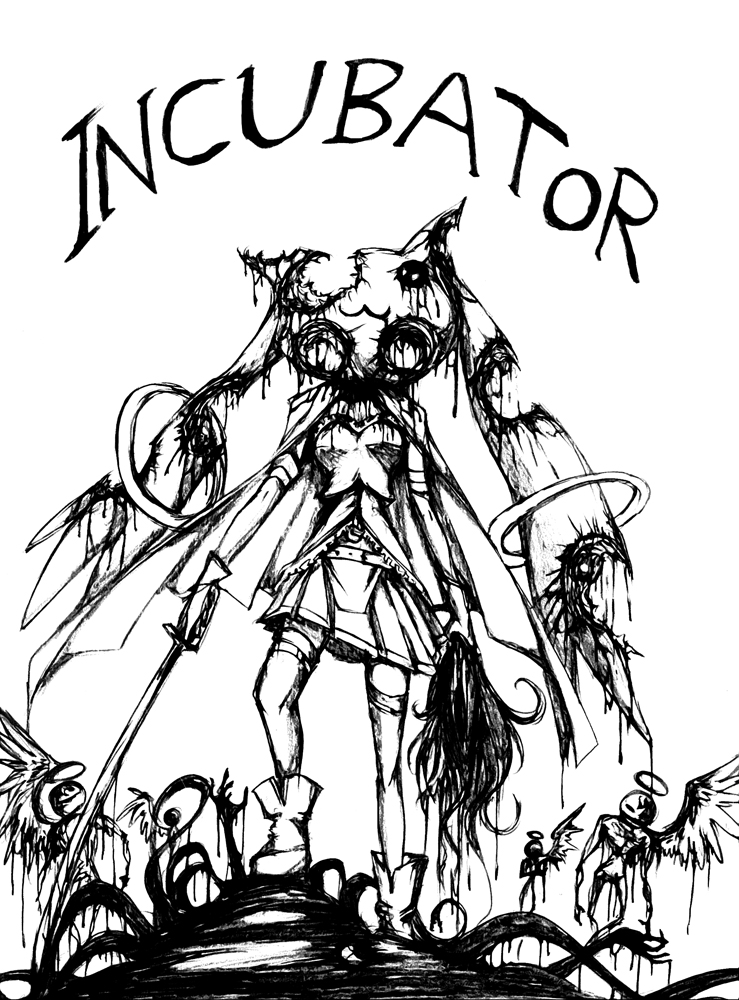 bullet_hole daniyyel+jennifer greyscale halo head kyubey lolita_majin mahou_shoujo_madoka_magica miki_sayaka monochrome sketch spoilers sword weapon