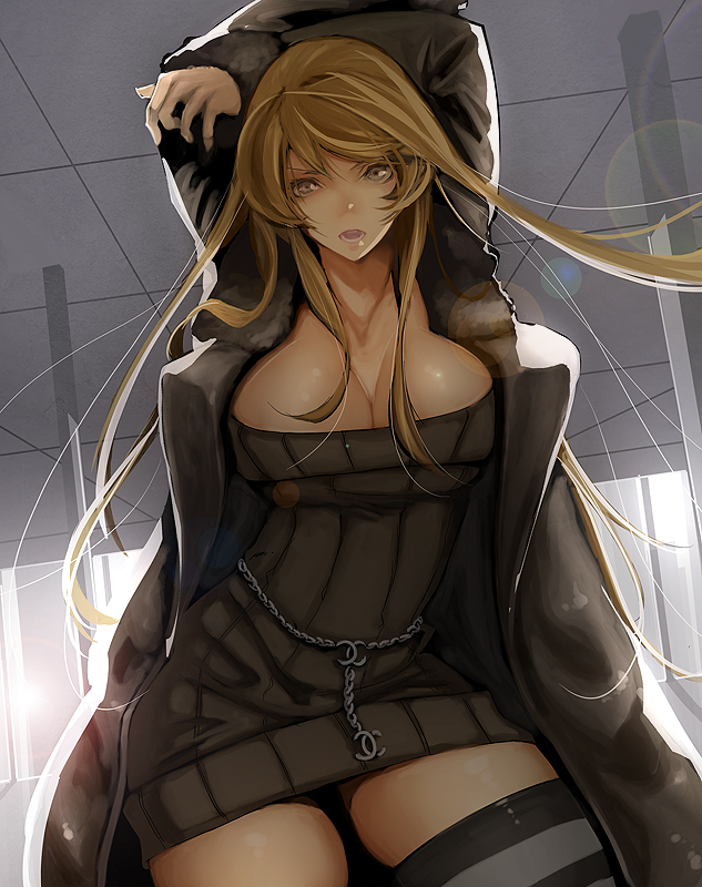 arms_up asanuma bad_id bad_pixiv_id blonde_hair breasts chain cleavage coat large_breasts original solo strapless thighhighs thighs tubetop
